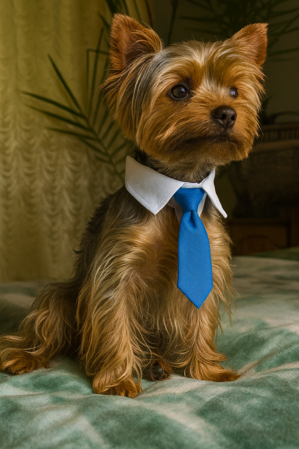 Yorkie looking up at camera