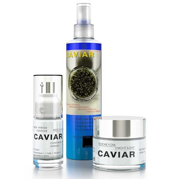 Pictured is are three products within the Caviar collection: the eye cream, the cleansing serum, and the regenerating cream.