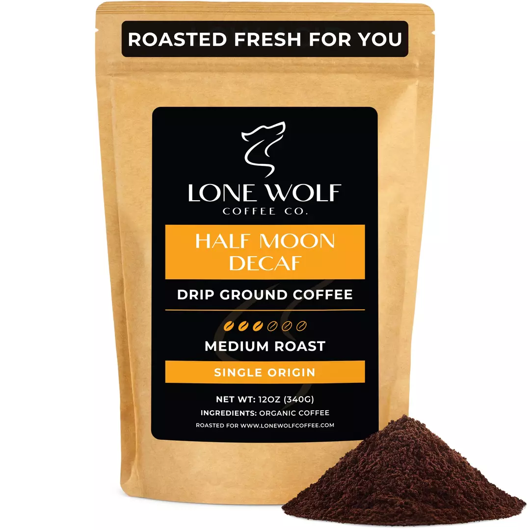 One 12oz bag of Lone Wolf Coffee’s Half Moon Decaf Medium Roast Drip Ground coffee bag product photo