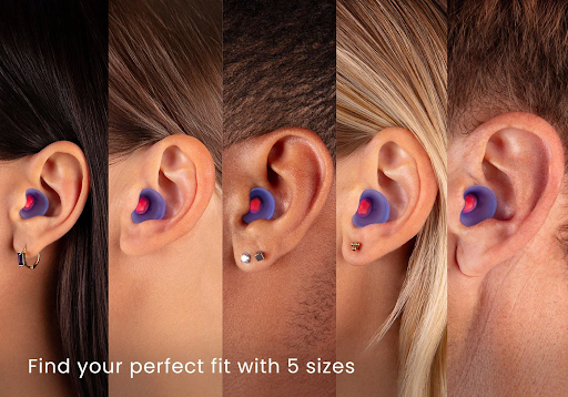 Five ears displaying different sizes of the best earplugs for sleeping: XS, S, M, L and XL.