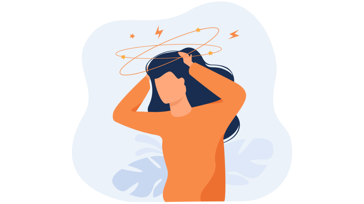 Illustration of woman holding her head as circles representing migraine pain surround her head.