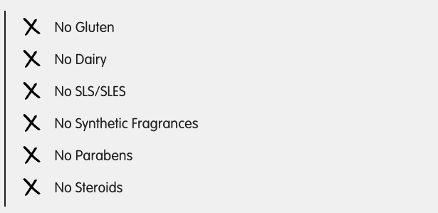 No gluten, no diary, no sls, no synthetic fragrances, no parabens, no steroids