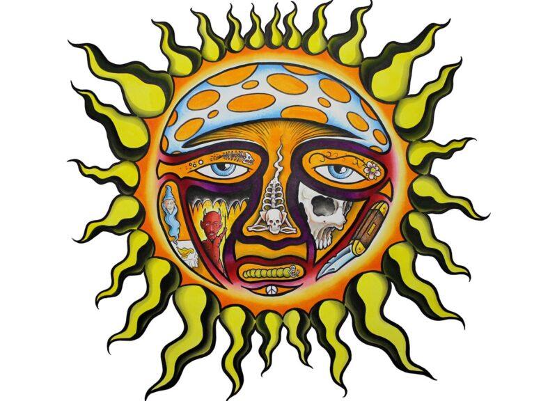 High-resolution graphic of the official Sublime 40oz. to Freedom Sun logo by Opie Ortiz. The psychedelic artwork features a mushroom for a brain, a fish skeleton, a caterpillar face, and jagged rays, representing the Long Beach California (LBC) street culture and Sublime band legacy.