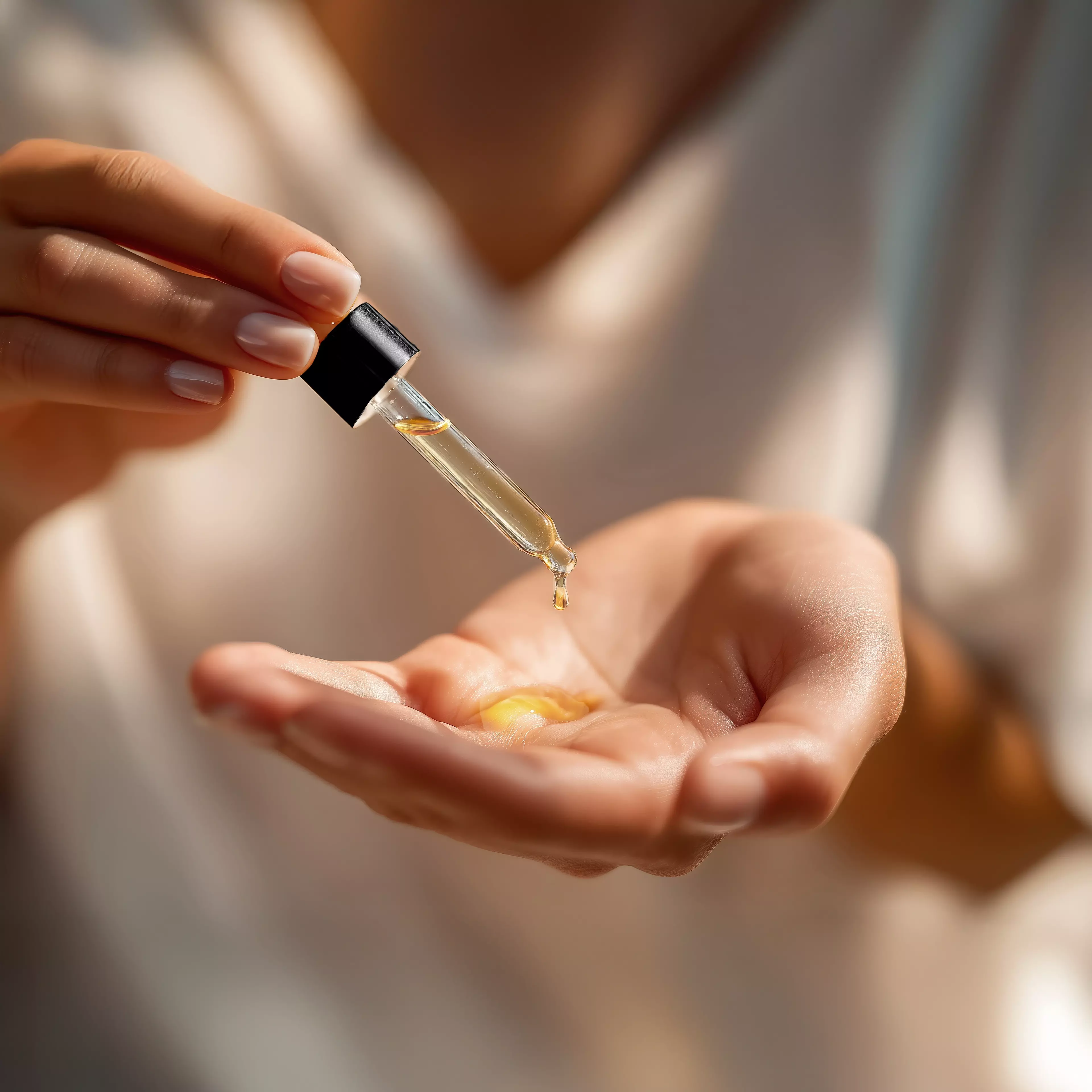 Women pouring kesaradi oil in palms