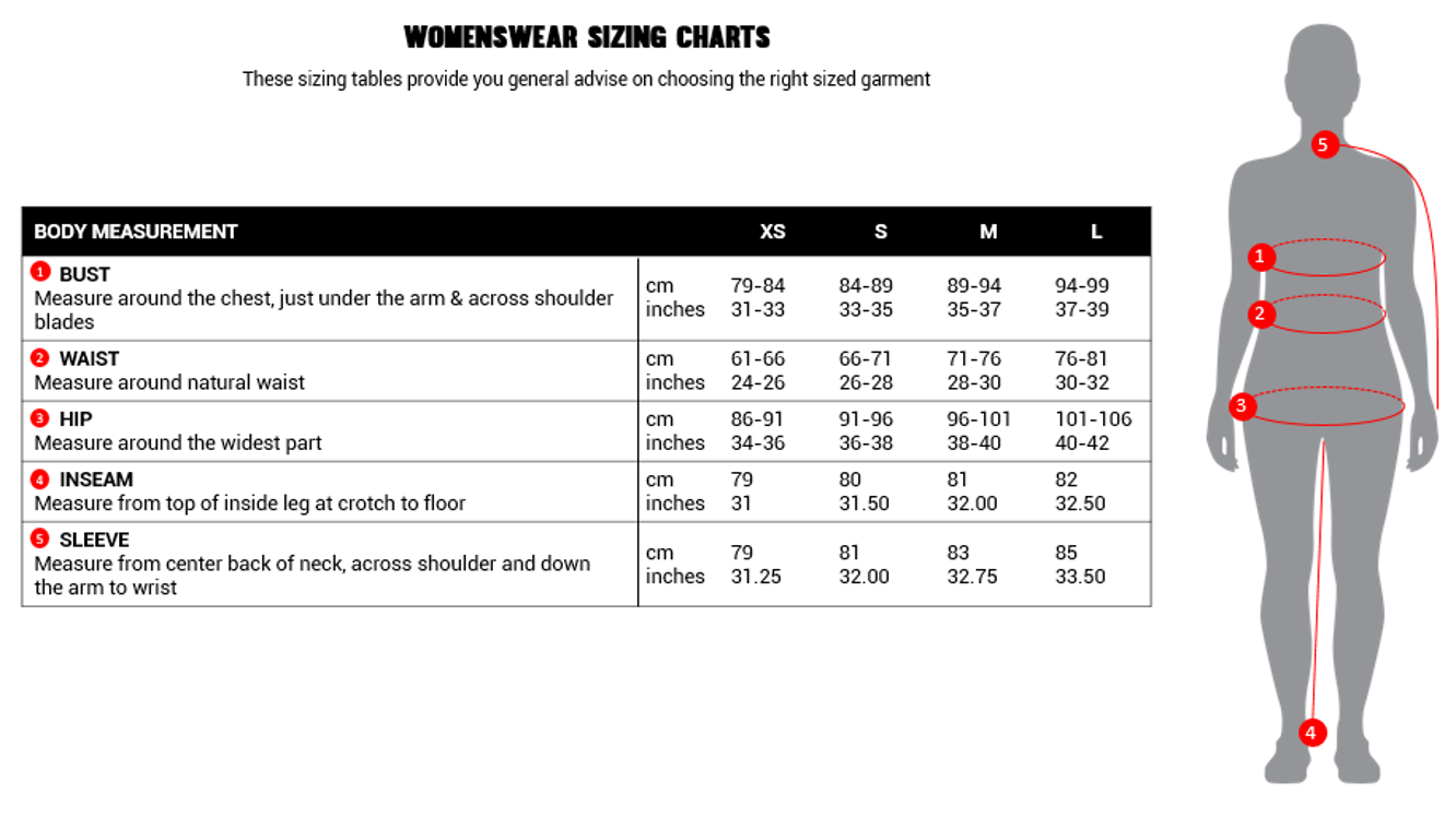 Pacsafe Womenswear Size Chart