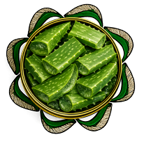 A bunch of mango leaves kept in a brass plate over an artwork of leaves