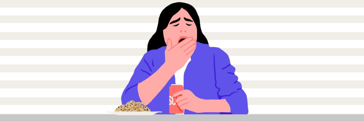 A yawning woman pondering does sugar make you sleepy, holding a soda can and a plate of cookies on the table.