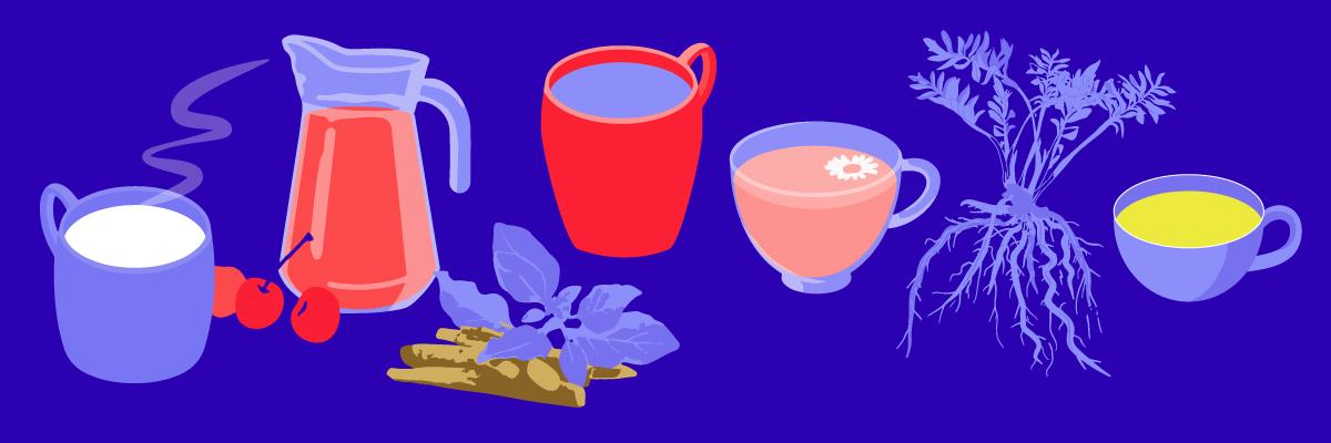 Non-caffeine alternatives from left: warm milk in a mug, a pitcher of tart cherry juice, ashwagandha root, moon milk, chamomile tea, valerian root and golden milk.