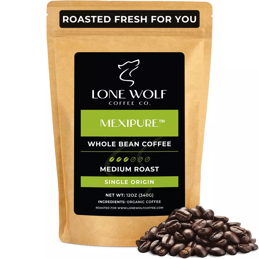 One 12oz bag of Lone Wolf Coffee’s Mexipure Medium Roast Whole Bean coffee bag product photo