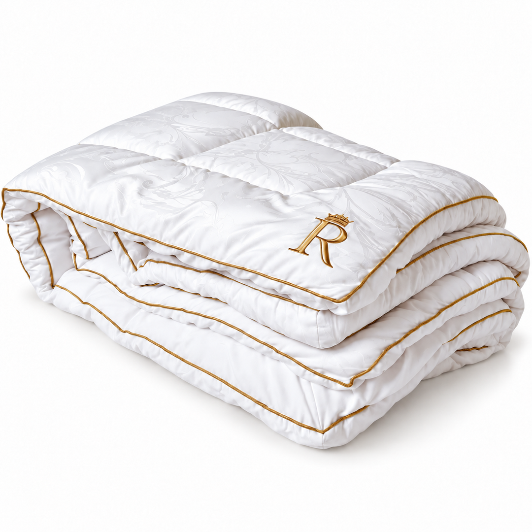 Royal Therapy white quilted mattress pad folded with gold piping and embroidered R logo