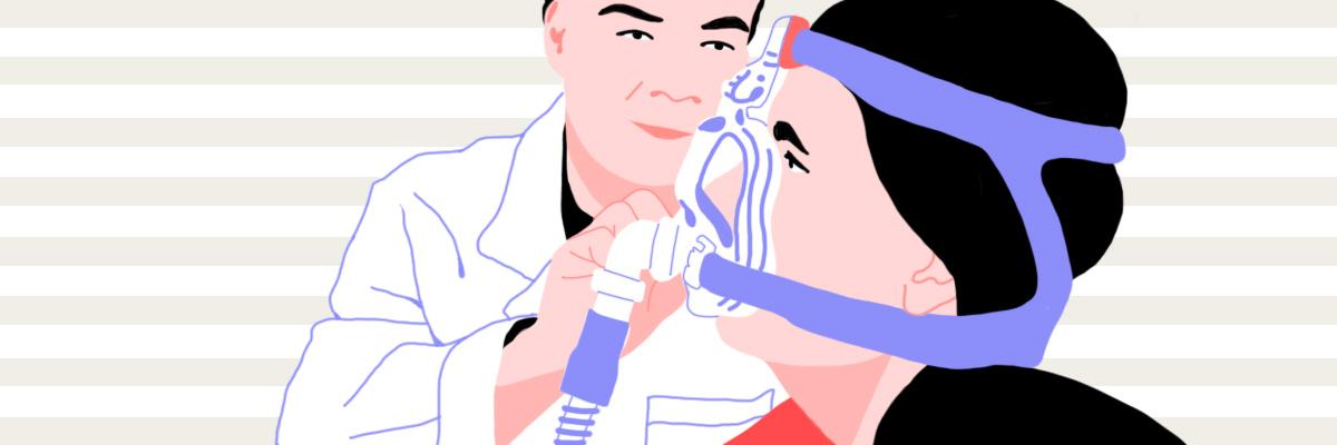 A doctor adjusting a patient’s CPAP mask uses AI to monitor sleep apnea.