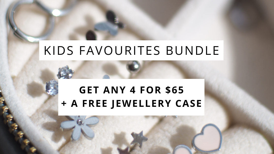 Get 4 for $65 plus a free jewellery box with every bundle! Jewellery box with a selection of kids stud earrings of various designs, including flowers, hearts, stars and more.