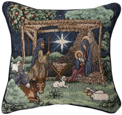 Throw pillow with scene of the first Christmas nativity