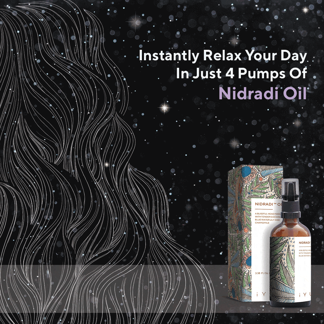A beautiful starry night gif with sparkling hair and a bottle of iYURA Nidradi Oil with text: Instantly Relax Your Day In Just 4 Pumps Of Nidradi Oil
