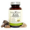 Bottle of Herbal Roots Organic Black Cohosh with capsules on the left of the bottle.
