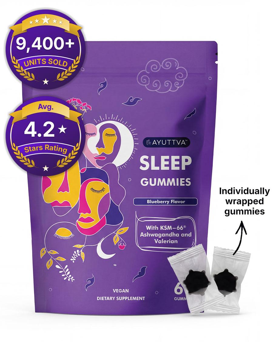 Sleep gummies package with 9,400+ units sold badge, 4.2 star rating, and individually wrapped pieces shown