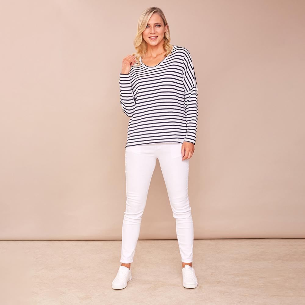 Amy V Neck Stripe Top (White)