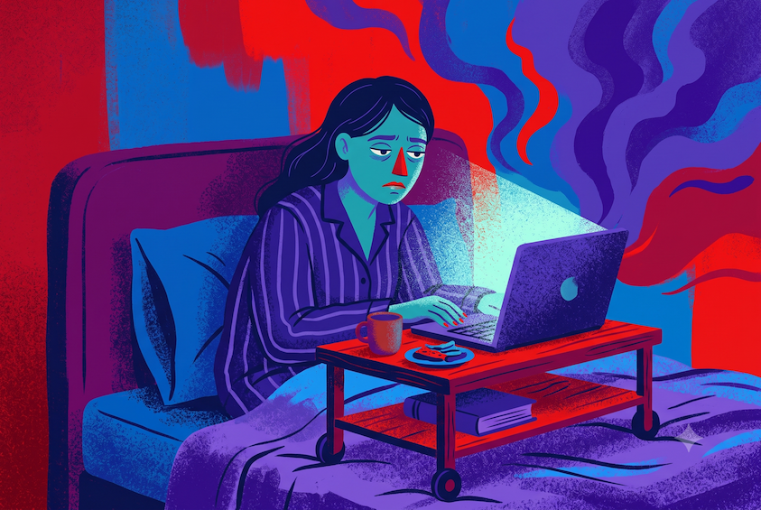Woman in pajamas working on a laptop from bed, showing how remote work affects sleep by blurring rest and work.