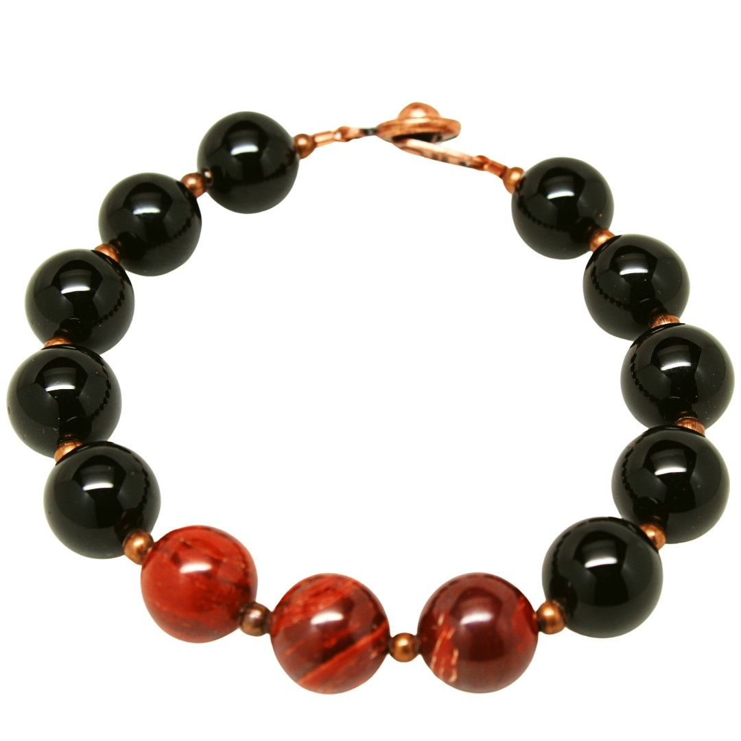 Onyx and Red Snakeskin Jasper Gemstone Beaded Bracelet by Junebug Jewelry Designs January Birthstone Bracelet