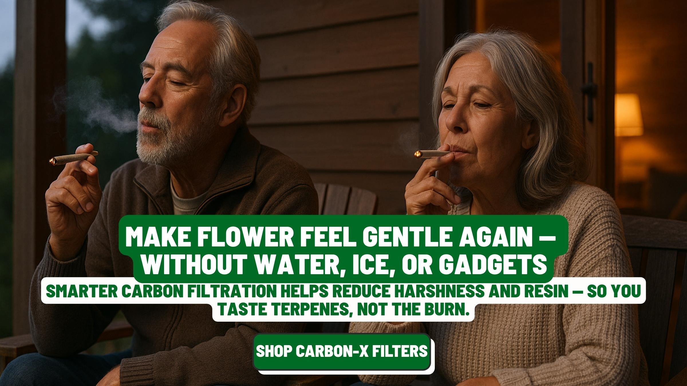 Older adult enjoying smooth cannabis session using filter tip