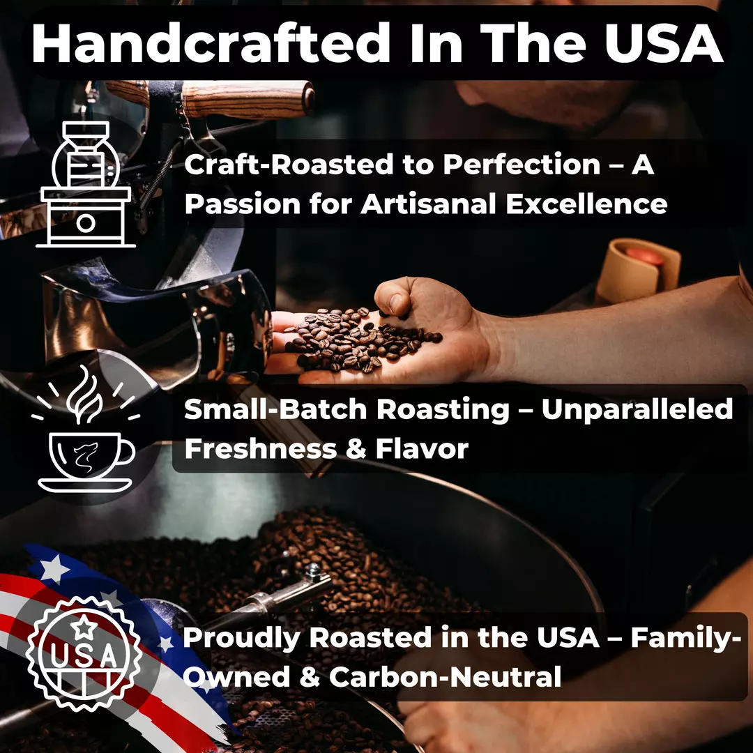 Coffee roaster inspecting beans with icons highlighting small-batch roasting and USA craftsmanship — Lone Wolf Coffee