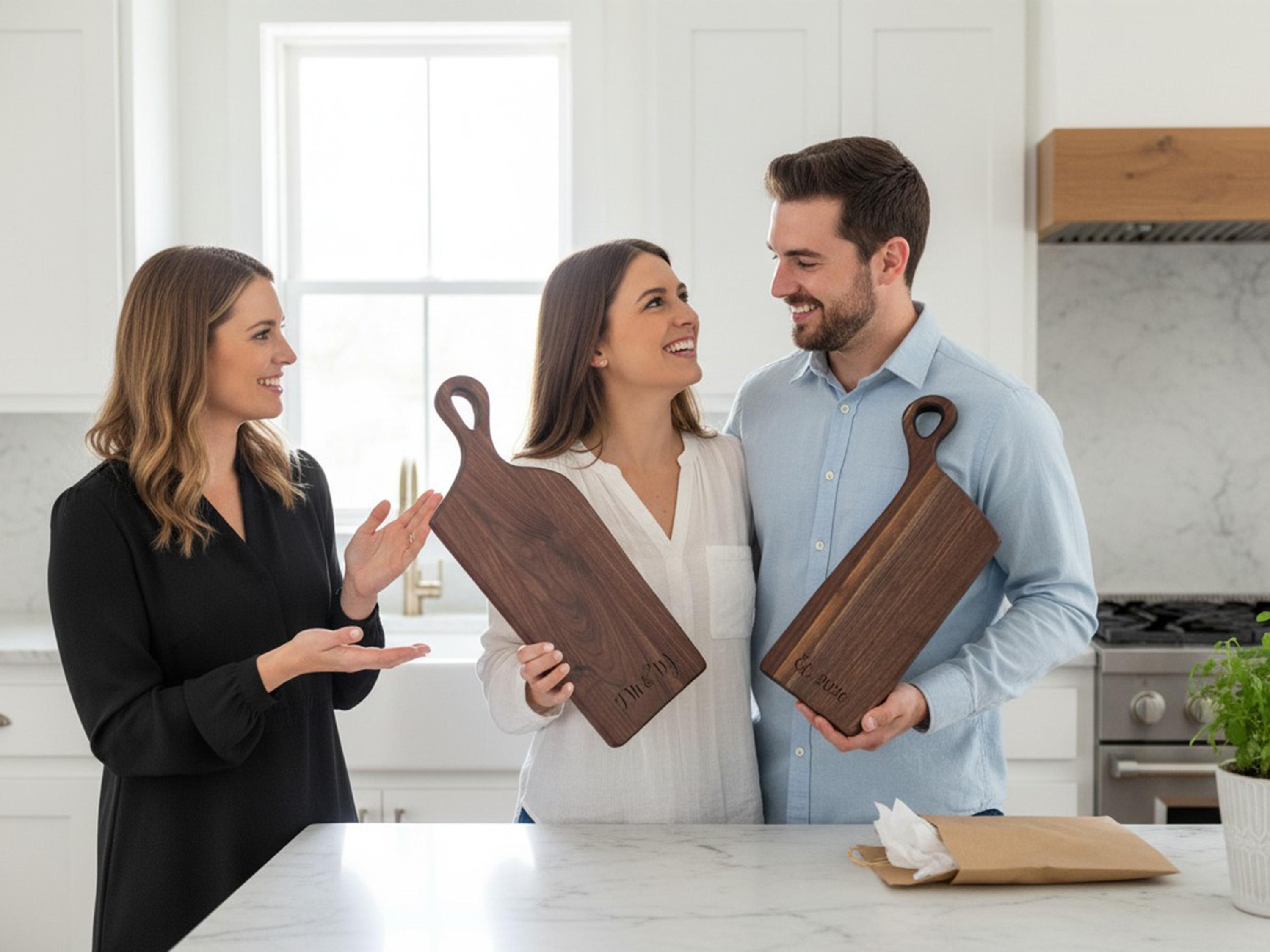 Couple getting a walnut nesting cheese board as a housewarming gift from a friend.