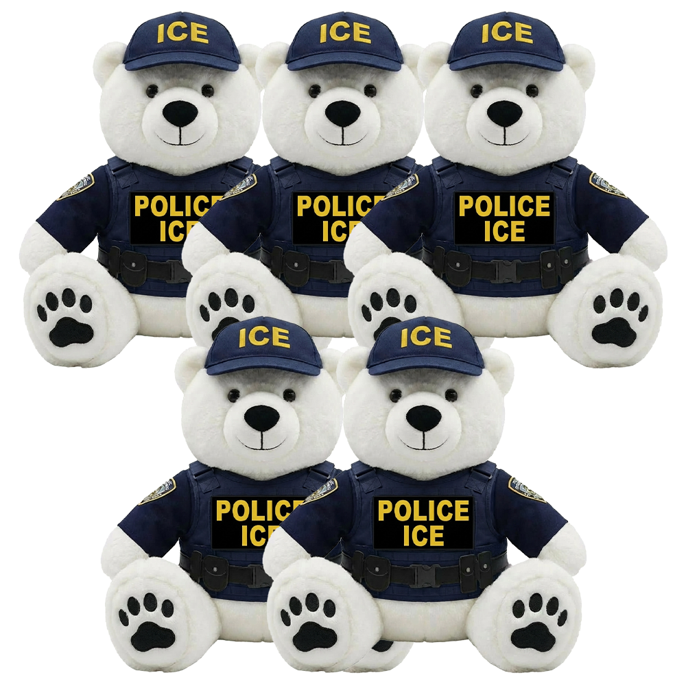 ICE Polar Bear collectible wearing a police uniform with a cap, featuring "ICE" and "POLICE ICE" text.