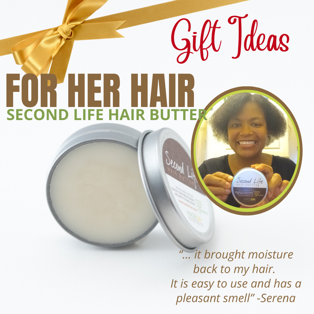 tin of second life hair butter and woman holding tin