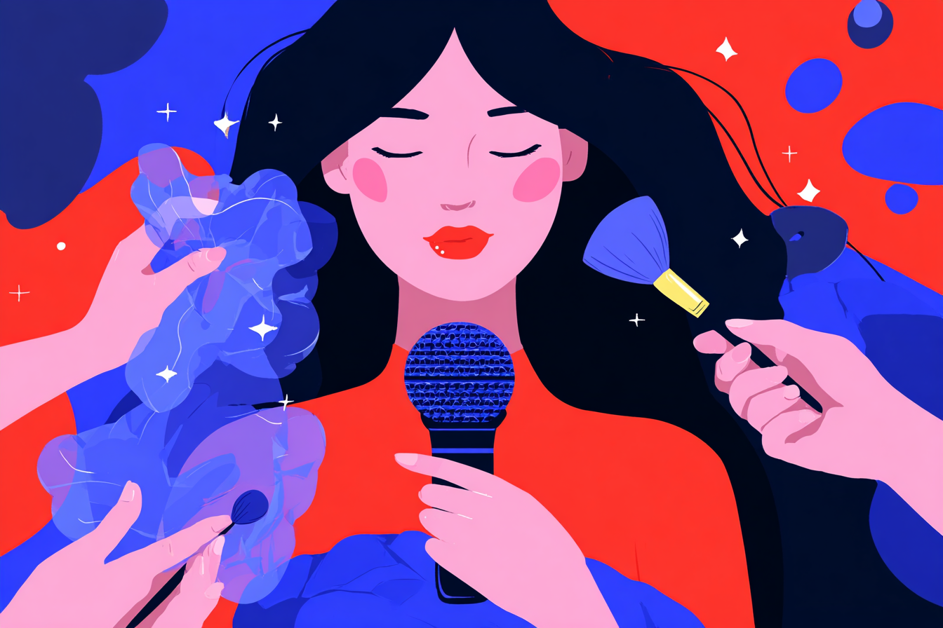 A woman whispering into a microphone does asmr help you sleep surrounded by hands crinkling paper and a makeup brush.