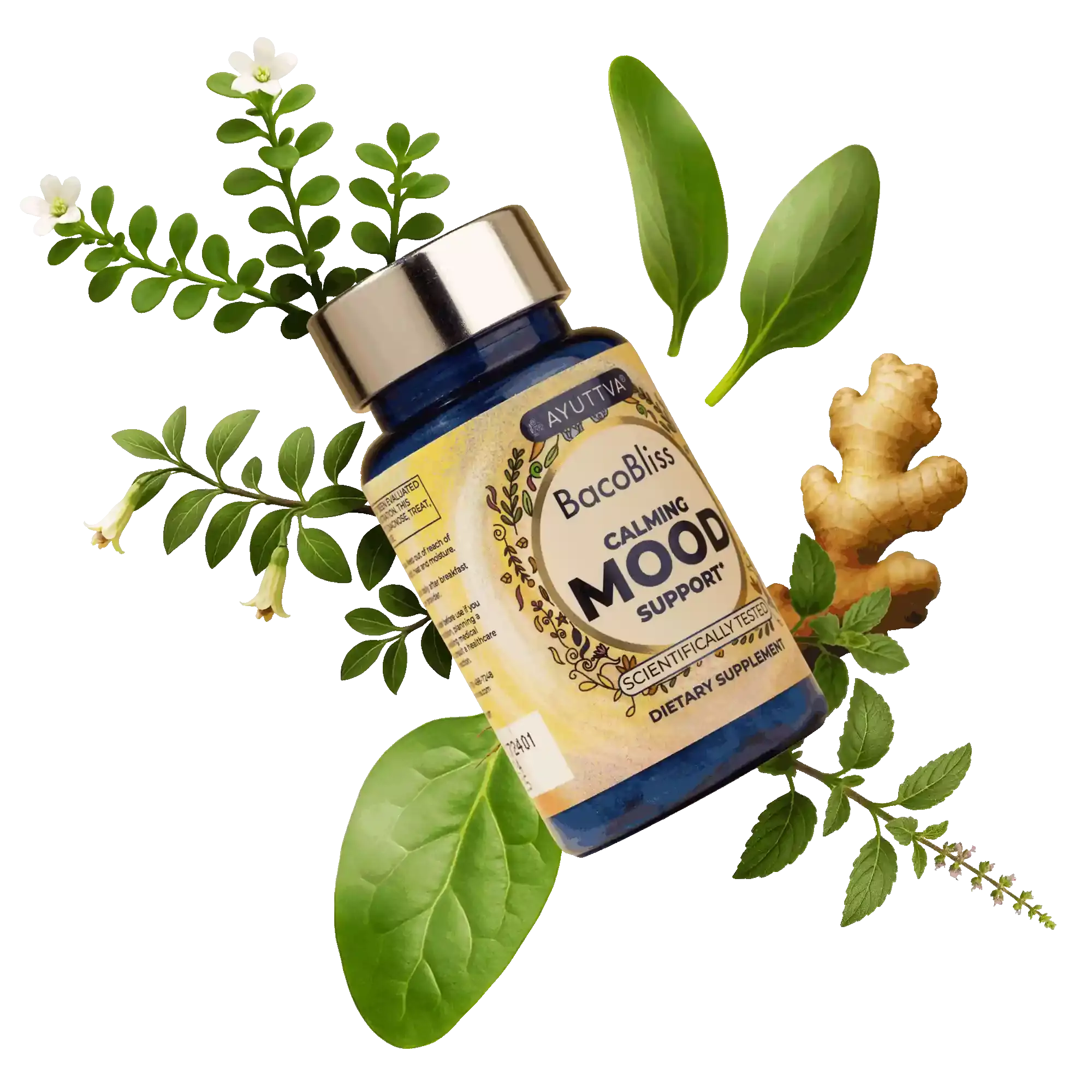 BacoBliss mood health supplement bottle with 90 capsules.