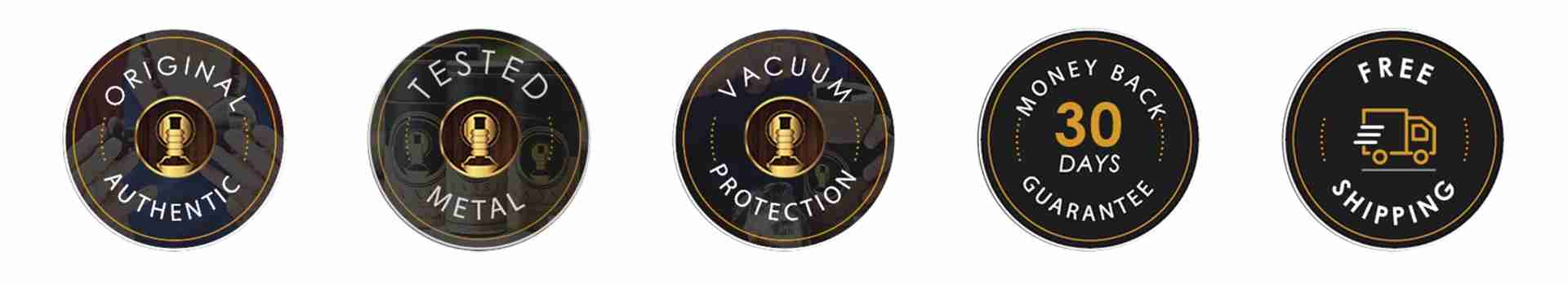iYURA Trust Badges ensuring 1. Original, Authentic product 2. Tested Metal 3. Vacuum Protection 4. 30-Days Money-back Guarantee & 5. Free Shipping