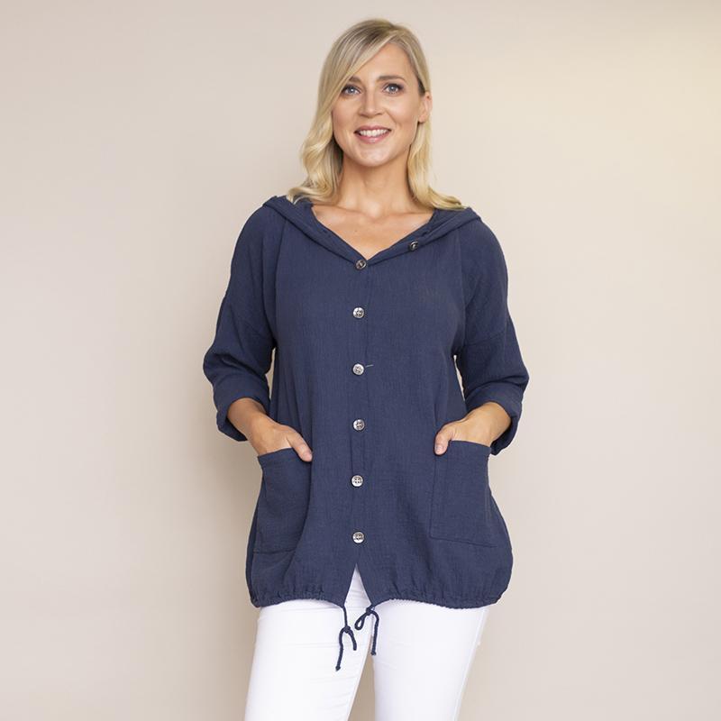 Crinkle Cotton Hoody Jacket (Navy)
