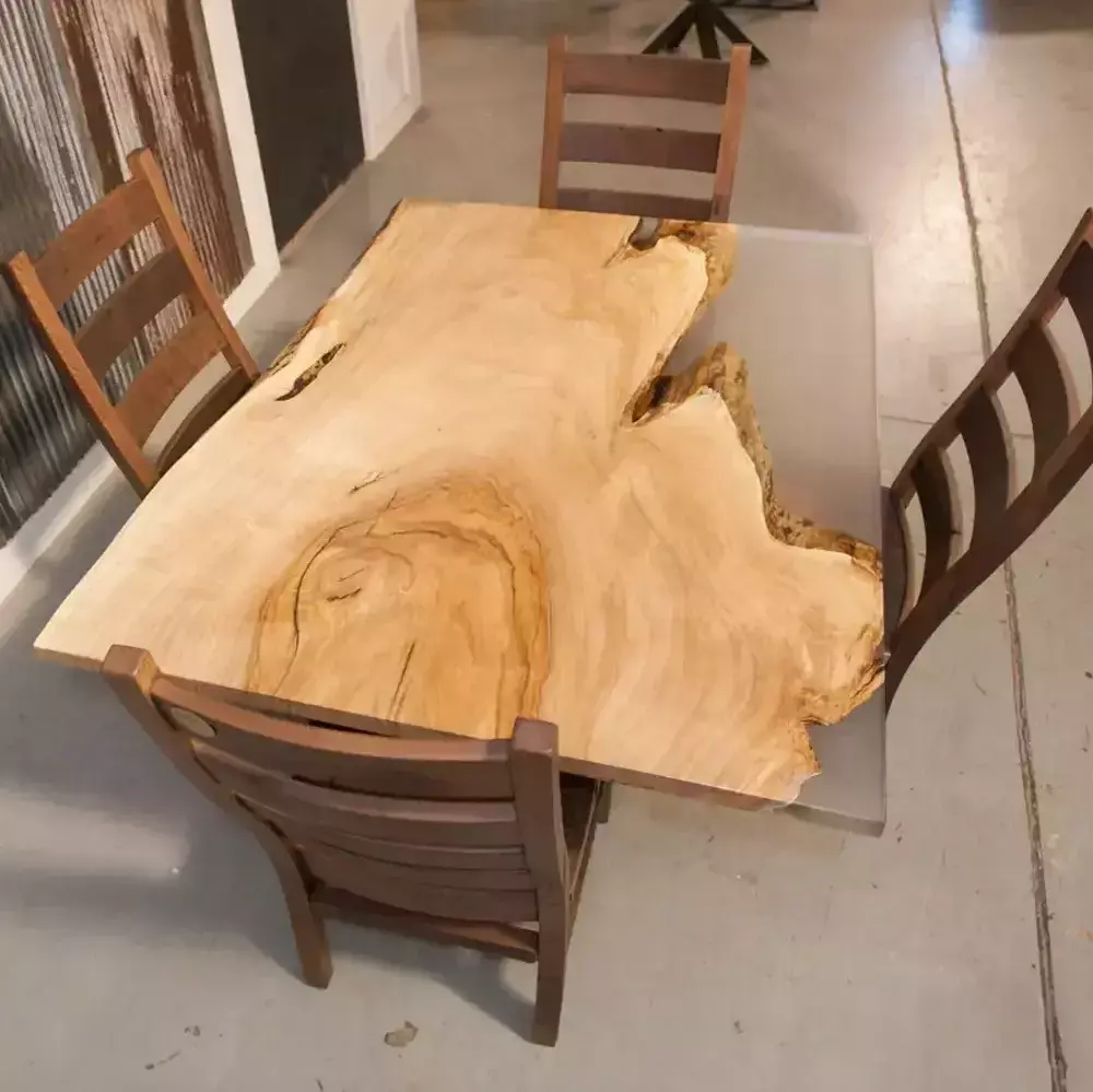 live edge table with clear epoxy corner