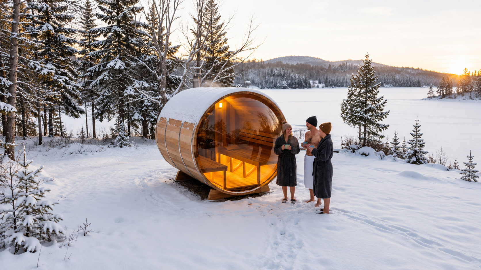 Outdoor barrel sauna in a snowy winter landscape for cold-climate use