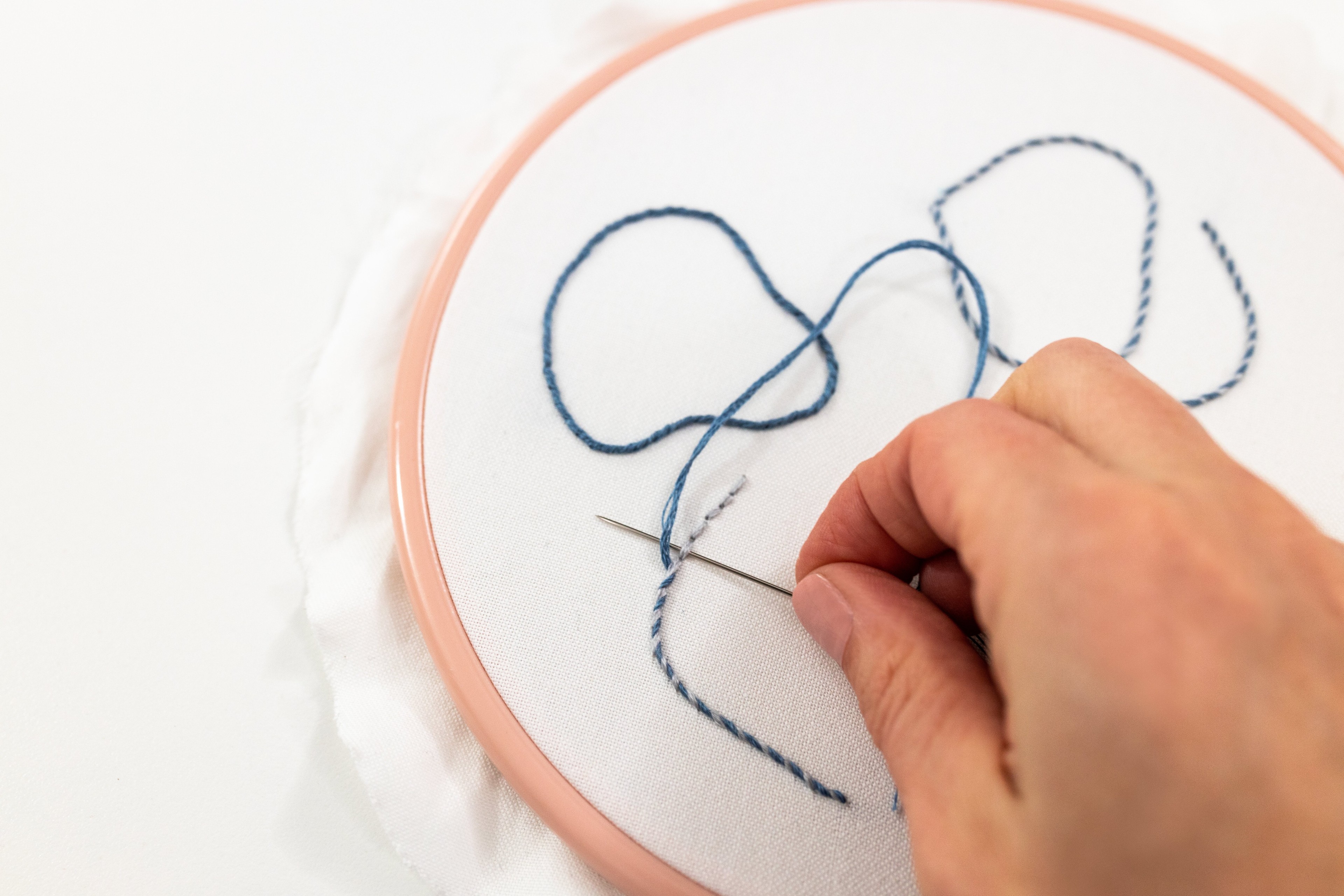 A blue thread had been stitched under a curved shape.