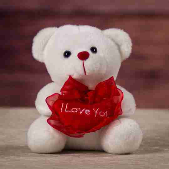A small white bear holding a Love You heart