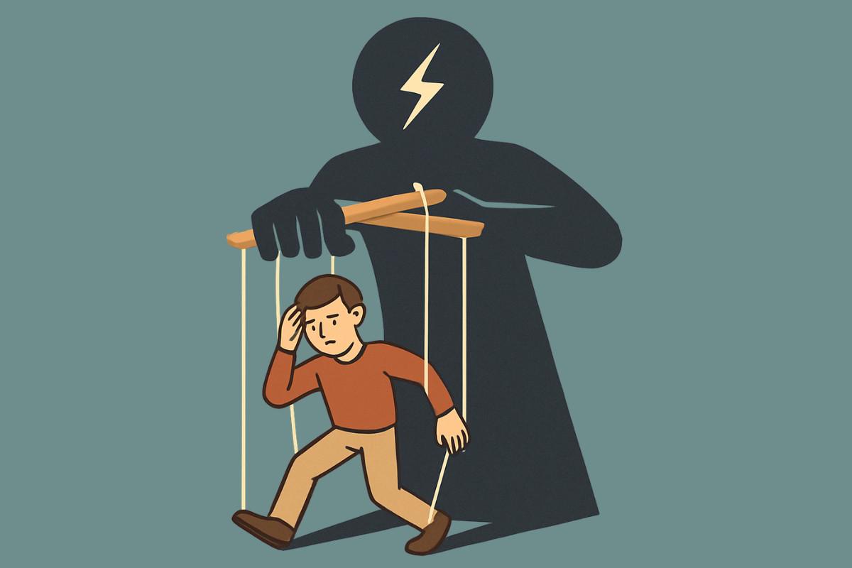 Illustration of a person being controlled like a puppet by a dark, shadowy figure representing a migraine. The puppet figure appears in distress, holding their head, with strings attached to their limbs.