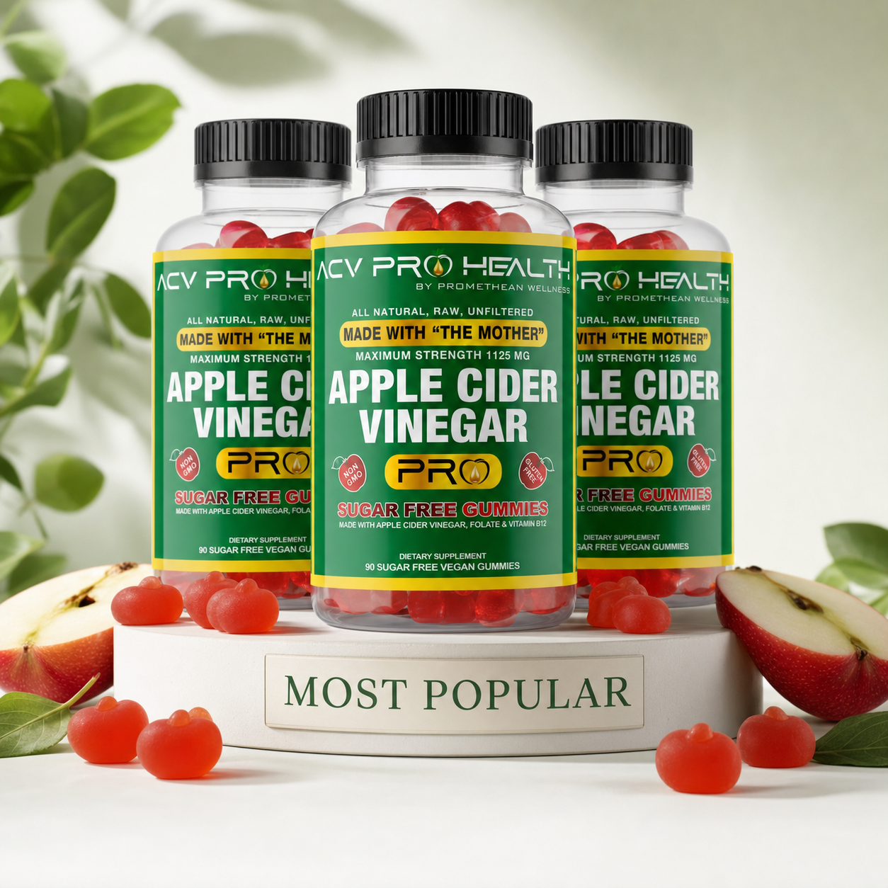 (3 Bottles - 270 Gummies) ACV with Sugar Makes No Sense! Try The Only Zero Net Carbs Sugar Free Apple Cider Vinegar Gummies