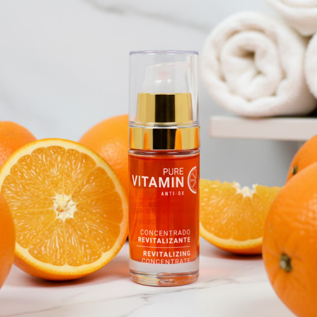 Noche's Vitamin C Serum surrounded by orange slices.