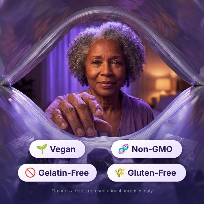 Older woman reaching into a bag of gummies, labeled vegan, non GMO, gelatin free, and gluten free