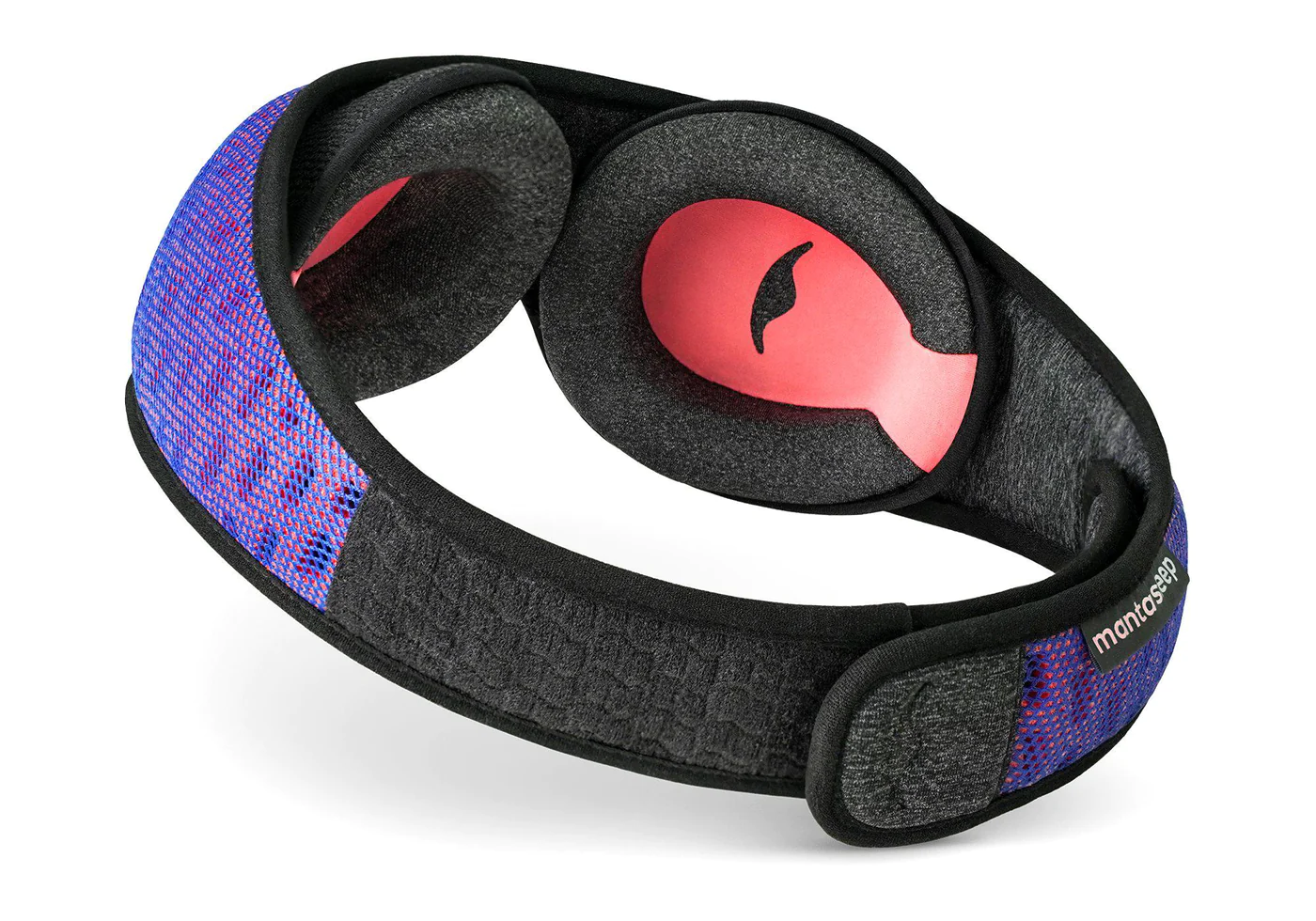 The interior of a blue mesh sleep mask with detachable black and red eye cups.