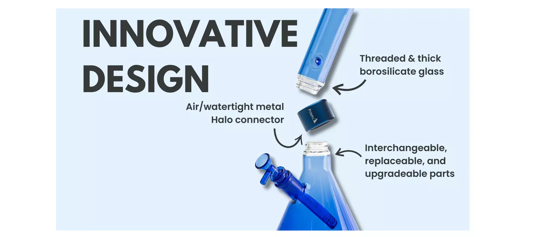 breakdown of a Sapphire Blue Prism Modular Beaker Bong in a "Single Stack" configuration. This disassembled view uses call-outs to identify the sapphire blue mouthpiece, the proprietary anodized aluminum Halo connector, and the beaker base, illustrating the essential components of a modular water pipe system.