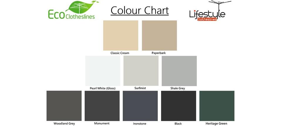 120cm wide clothesline colour chart showing colorbond colours
