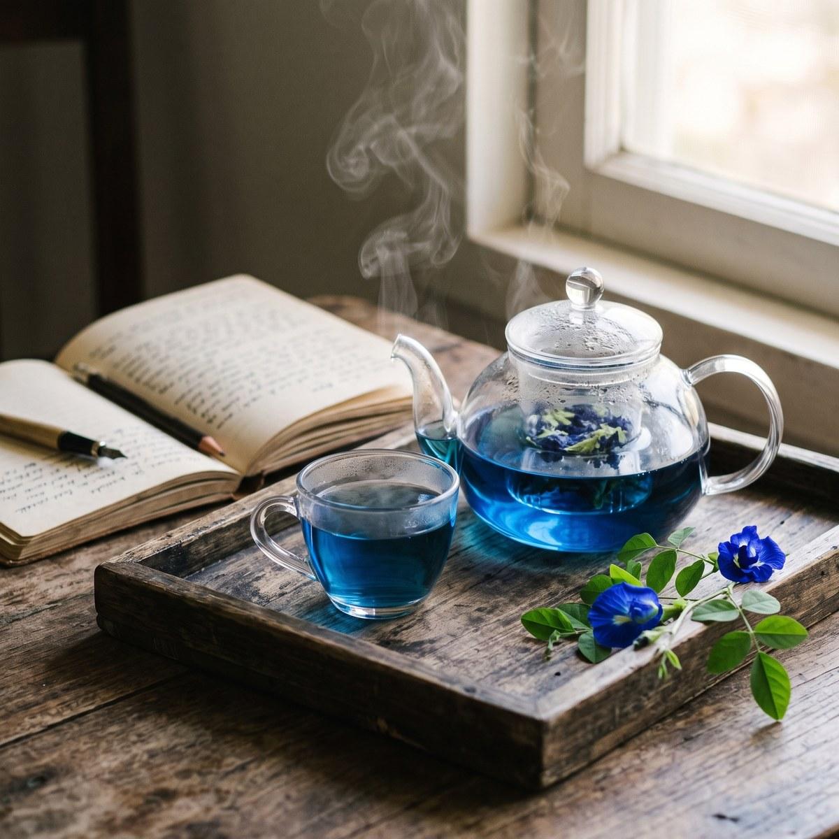 Glass teapot of blue butterfly flower tea with a teacup