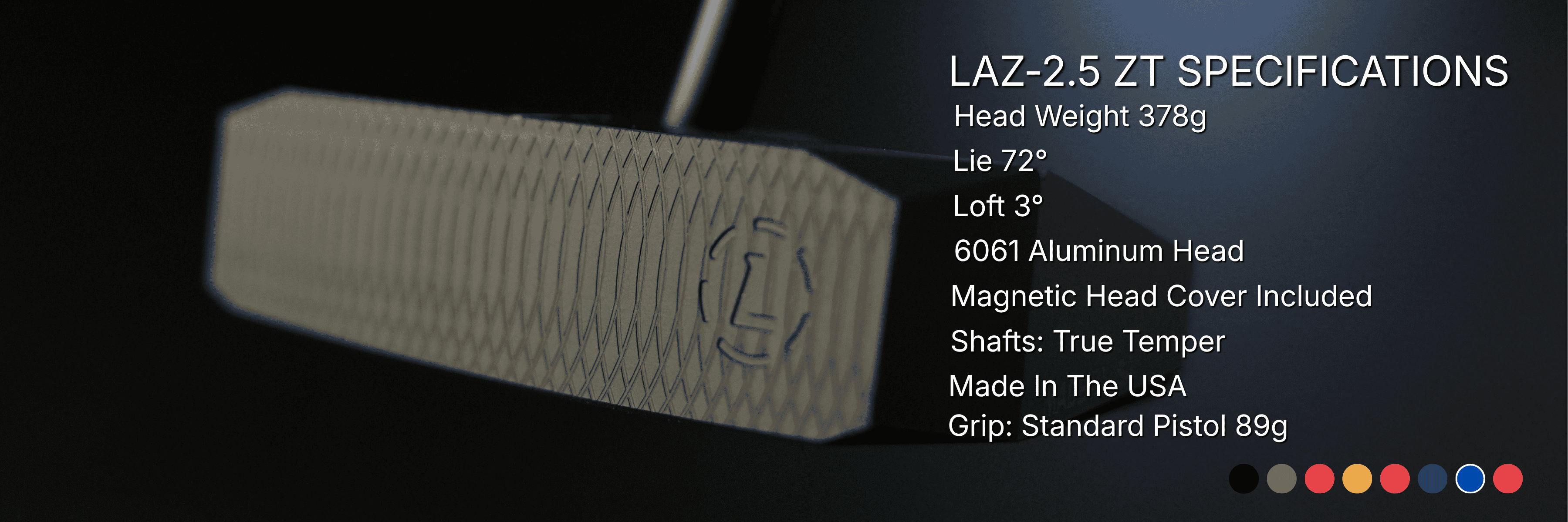 Specifications chart for Lazrus LAZ2.5 zero torque mallet putter including loft, lie, length and head weight