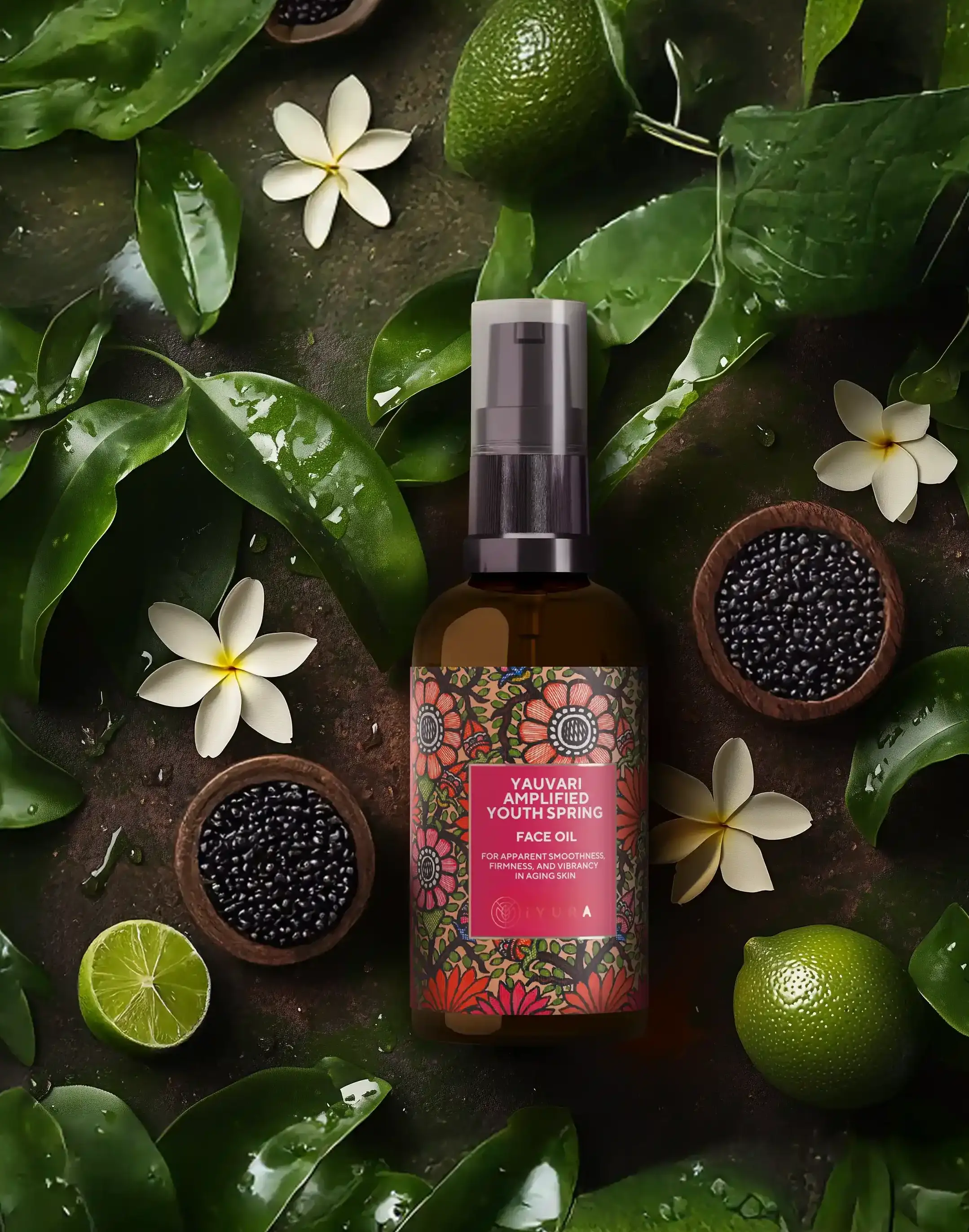 yauvari amplified youth spring kept alongside neroli flowers, limes and black gram