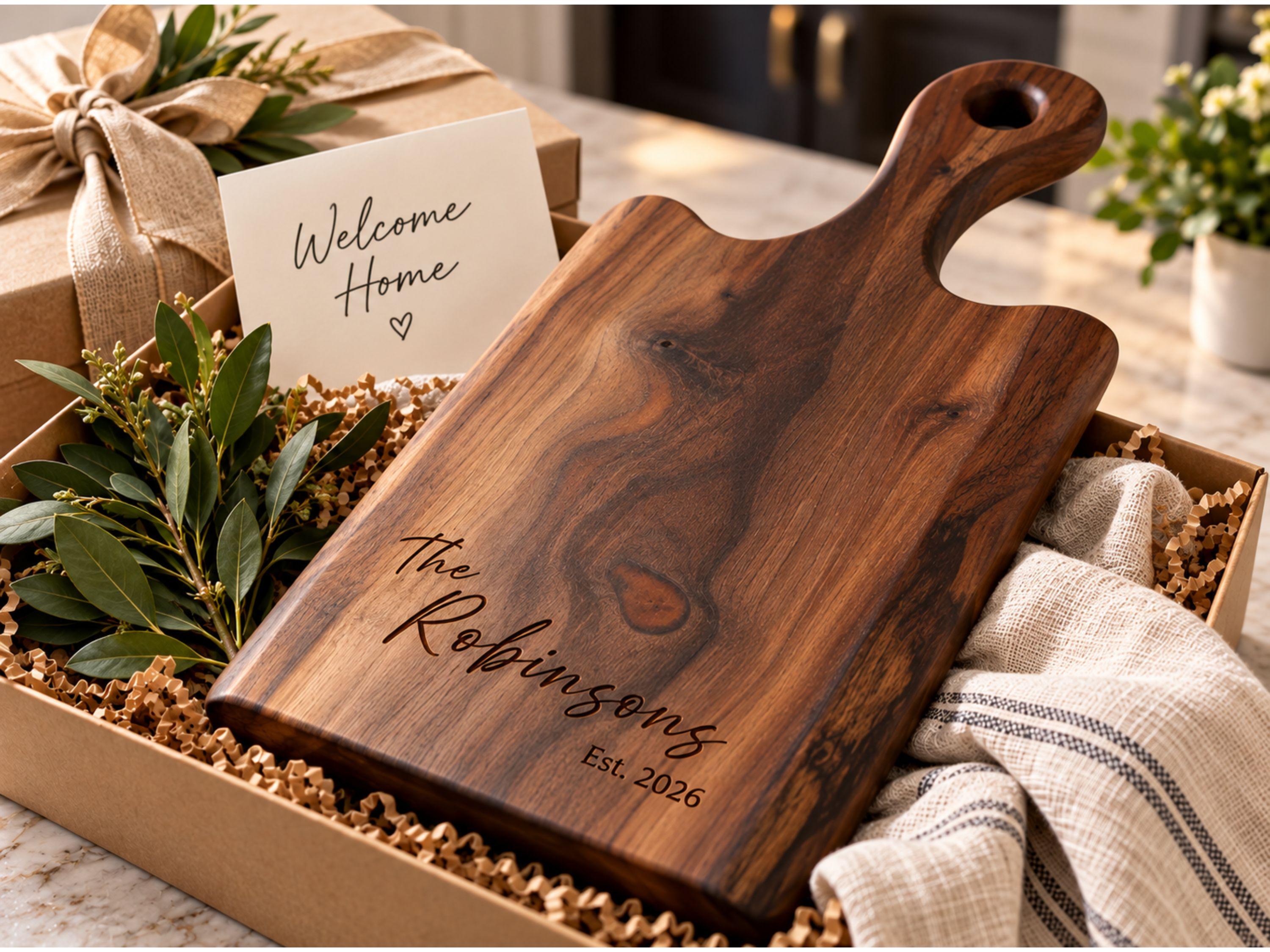Realtor gift, a personalized live edge walnut charcuterie board as a closing gift