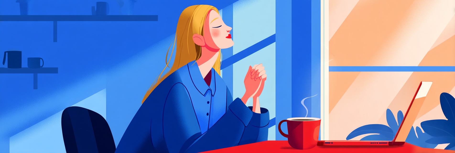 A woman sitting on a table with her hands clasped in front of her. There is an open laptop and a cup of coffee on the desk.