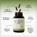 Bottle of Herbal Roots St. John's wort with three pills spilling out of the top of the bottle. There are several lines pointing to the bottle and the capsules. The lines say High in antioxidants, Vegan Capsules, Extra strength, No Binders or fillers, immune support, and Extract plus organic St. John's Wort