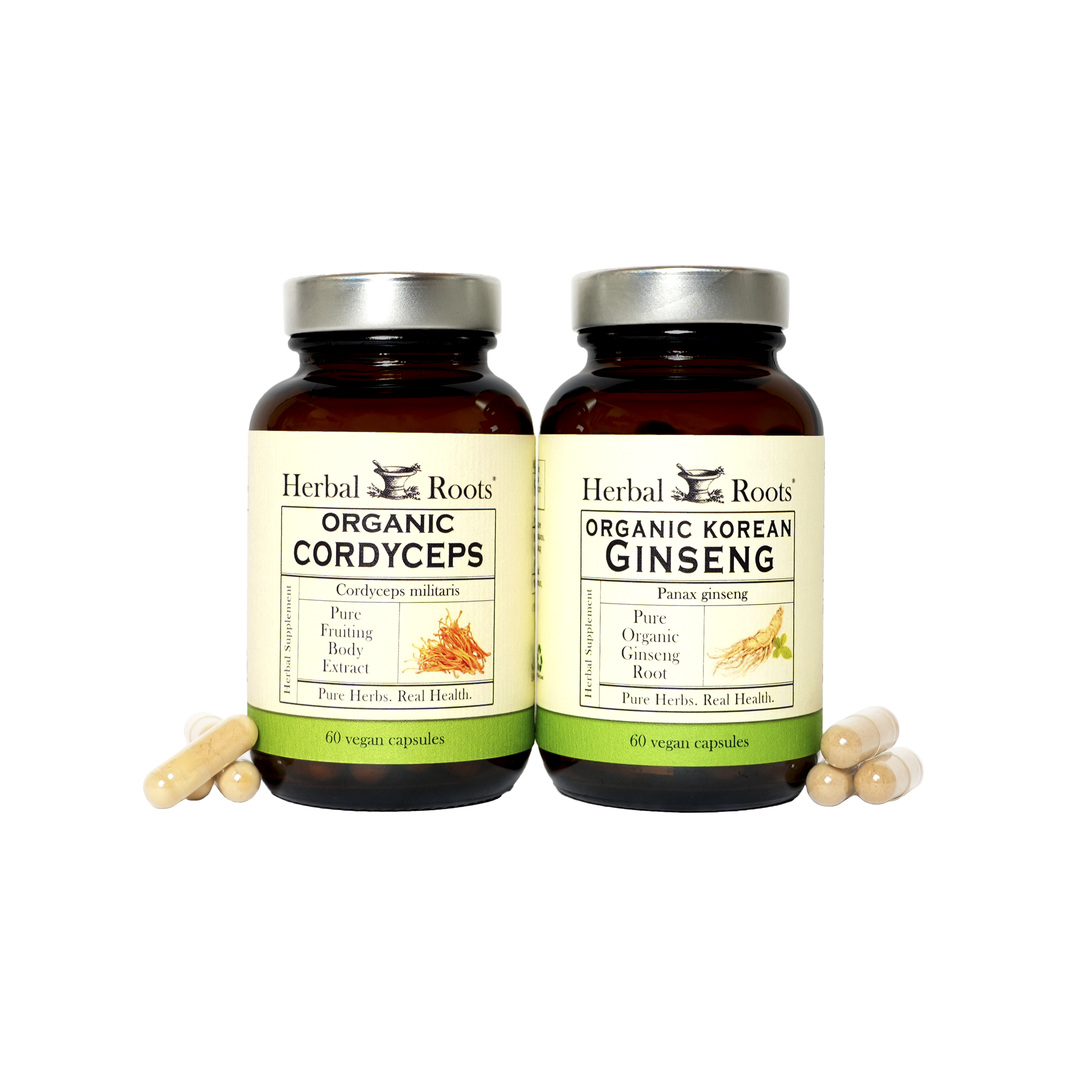 Bottle of Herbal Roots Organic Cordyceps and Organic Korean Ginseng